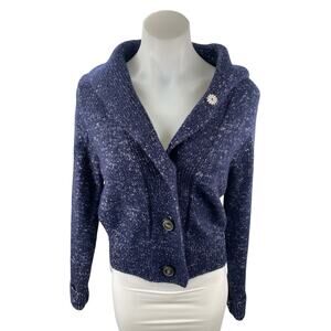 COS Women's Navy Blue Wool Knit Long Sleeve Button Up Cardigan Sweater Top Sz M